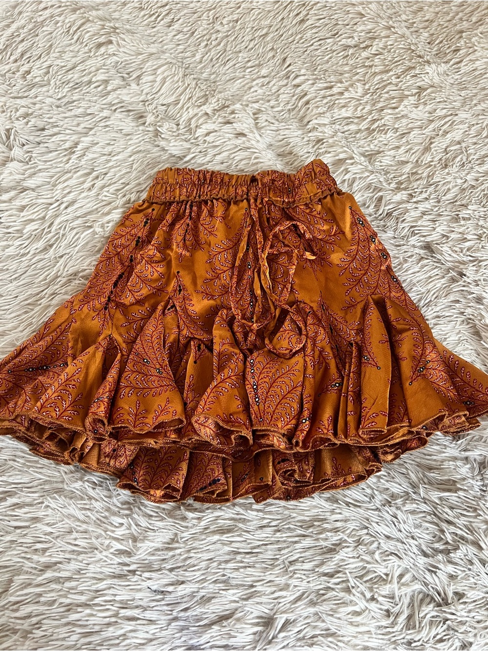 Rust Paisley Ruffle Skater Skirt with Elastic Waist